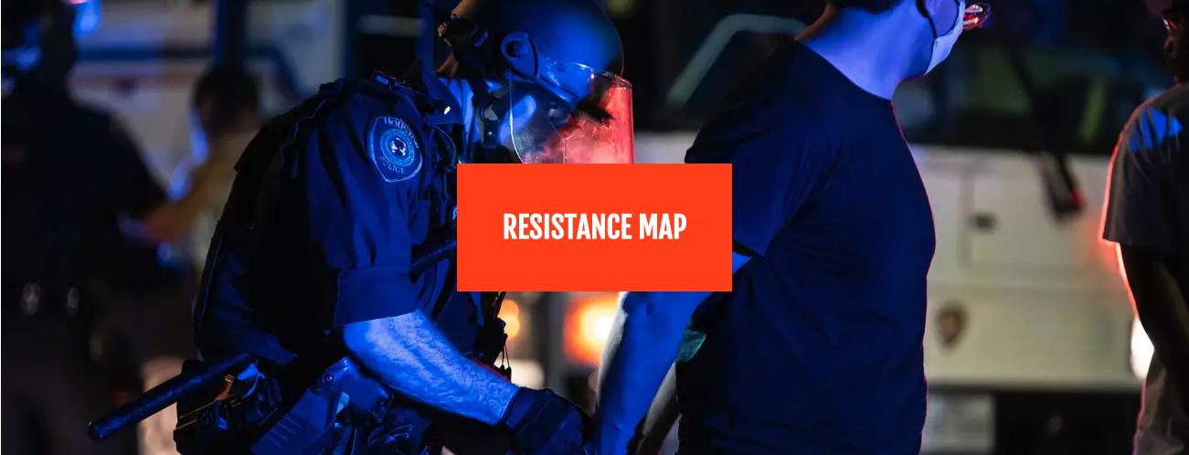 dark picture of cops in riot gear with overlay reading Resistance Map
