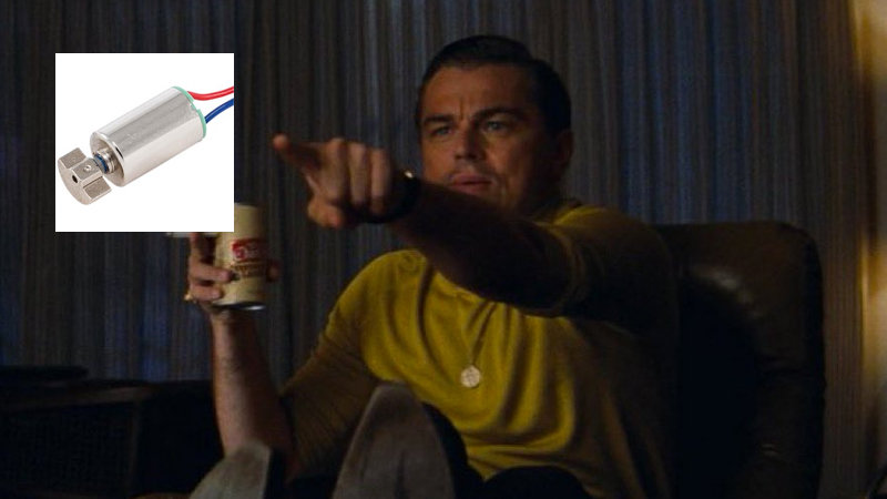 meme of Leonardo DiCaprio as Rick Dalton, pointing towards the left side of the image with abeer and cigarette in his hand, with a DC motor juxtaposed where he&rsquo;s pointing
