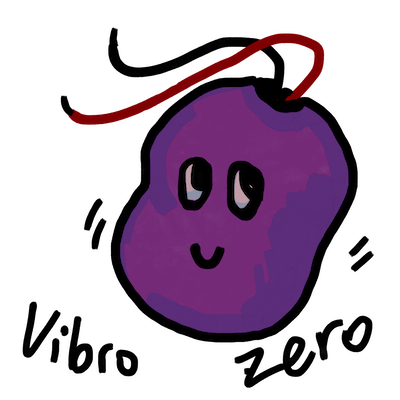 A drawing of a purple blob with cutesy eyes and mouth, one black and one blue cable coming out of the top, marks indicating that it's moving, and the words Vibro Zero in black handwriting underneath